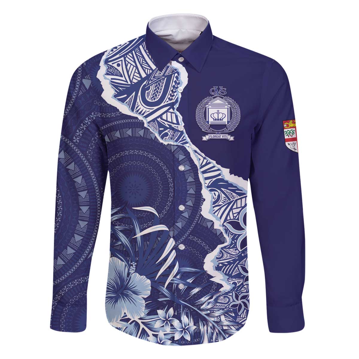 Fiji Queen Victoria School Personalised Family Matching Off The Shoulder Long Sleeve Dress and Hawaiian Shirt Masi Tapa Torn Style