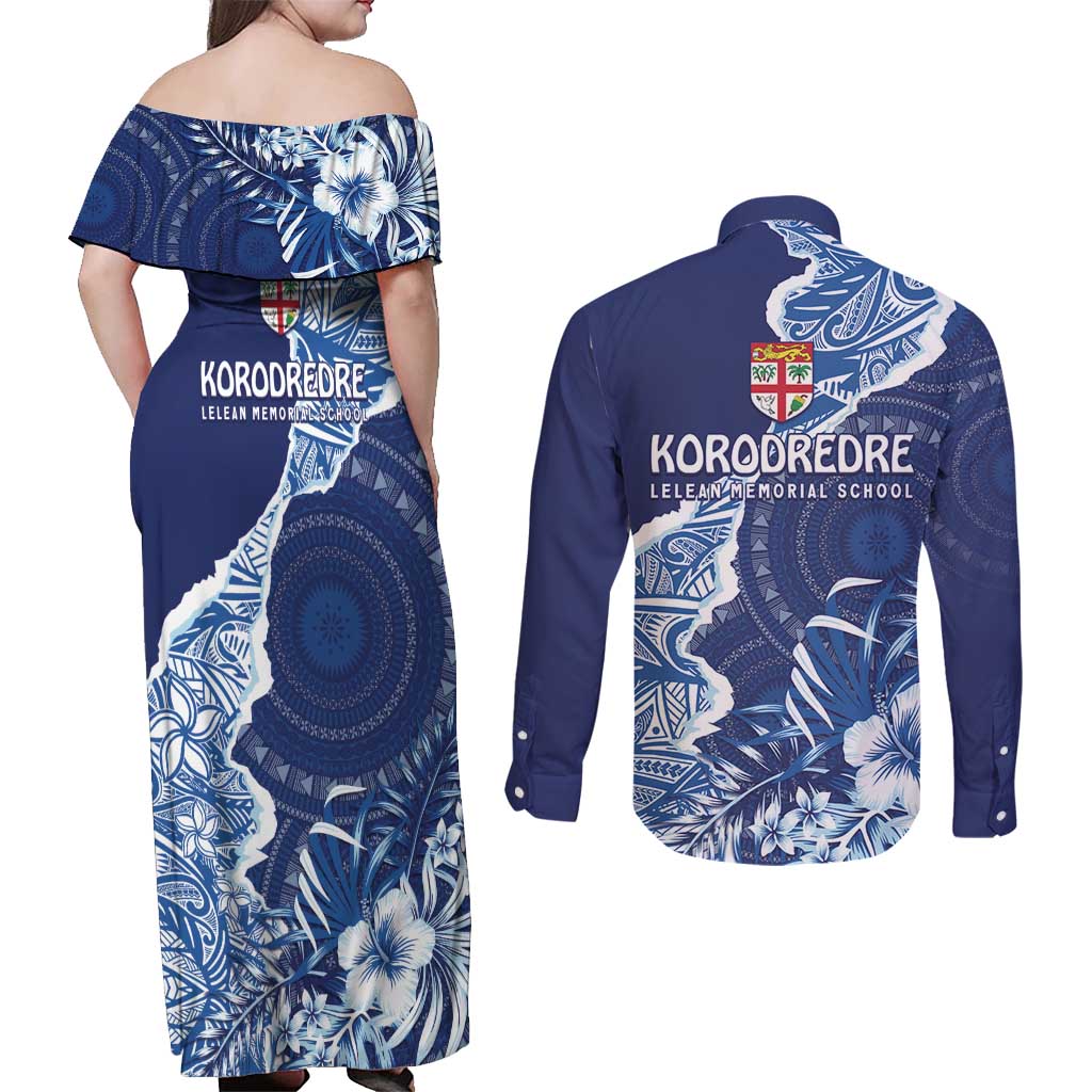 Fiji Lelean Memorial School Personalised Couples Matching Off Shoulder Maxi Dress and Long Sleeve Button Shirt Korodredre Davuilevu Masi Mix Style