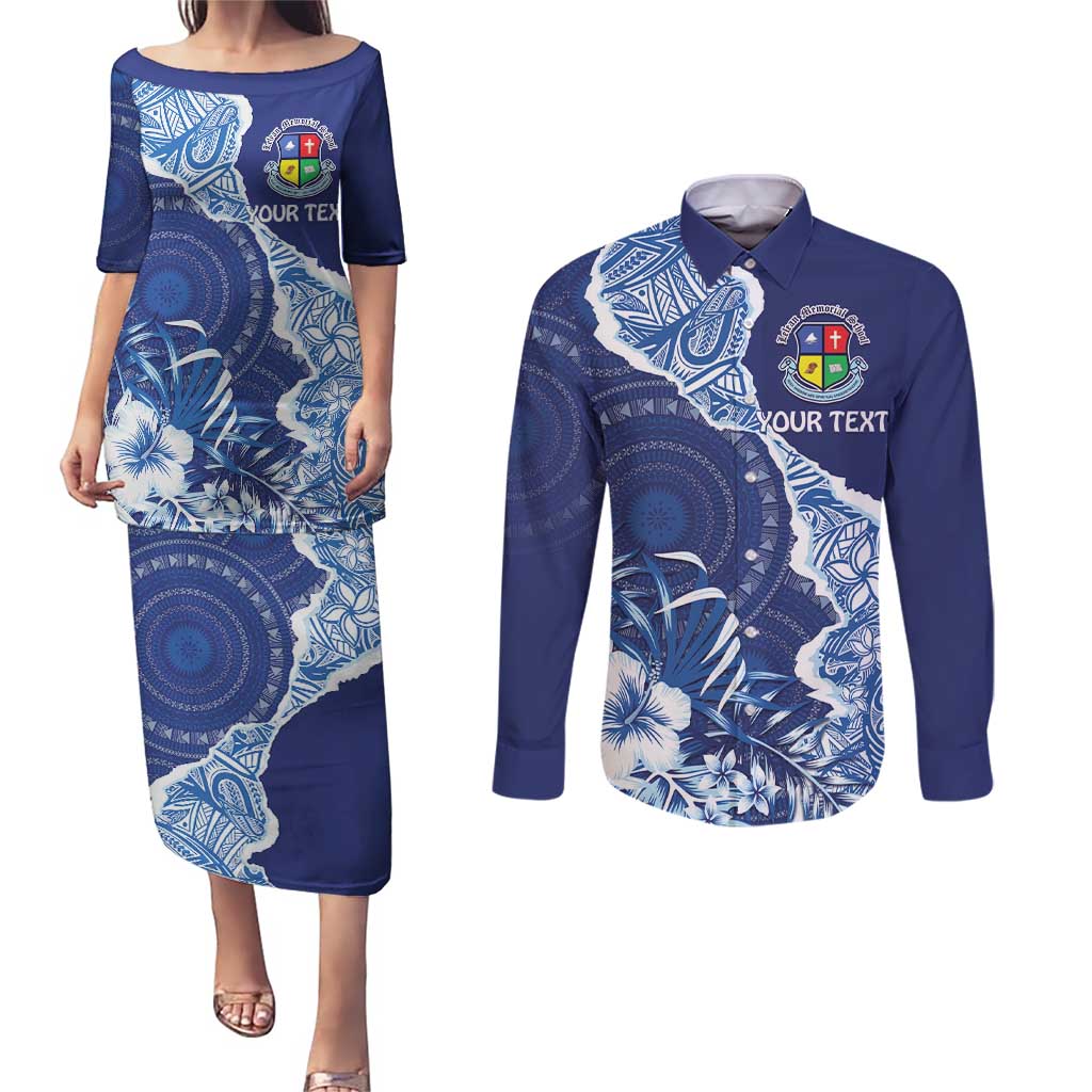 Fiji Lelean Memorial School Personalised Couples Matching Puletasi and Long Sleeve Button Shirt Korodredre Davuilevu Masi Mix Style LT7 Blue - Polynesian Pride