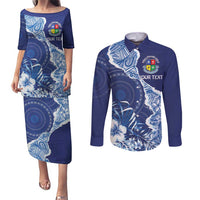 Fiji Lelean Memorial School Personalised Couples Matching Puletasi and Long Sleeve Button Shirt Korodredre Davuilevu Masi Mix Style LT7 Blue - Polynesian Pride