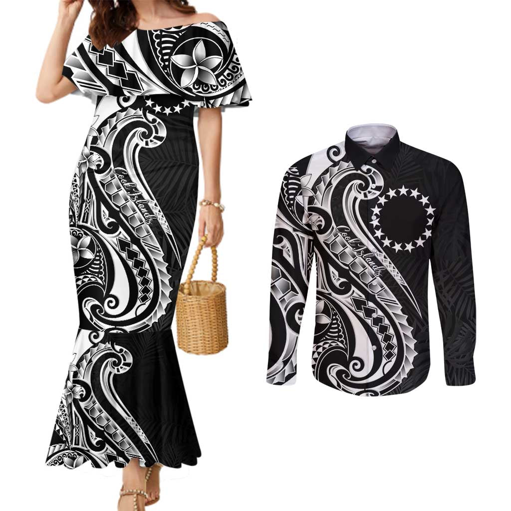 Kia Orana Cook Islands Couples Matching Mermaid Dress and Long Sleeve Button Shirt Kerekere Plumeria Tropical Waves - Polynesian Pride
