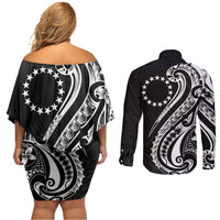 Kia Orana Cook Islands Couples Matching Off Shoulder Short Dress and Long Sleeve Button Shirt Kerekere Plumeria Tropical Waves - Polynesian Pride