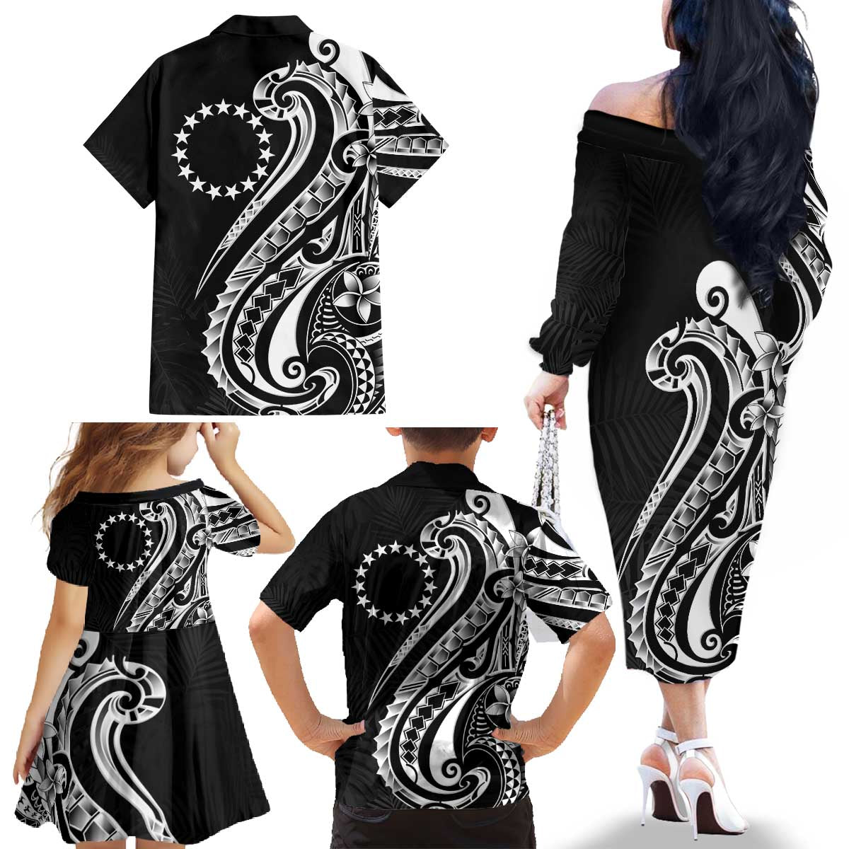 Kia Orana Cook Islands Family Matching Off The Shoulder Long Sleeve Dress and Hawaiian Shirt Kerekere Plumeria Tropical Waves - Polynesian Pride
