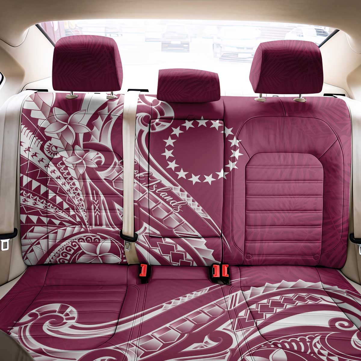 Kia Orana Cook Islands Back Car Seat Cover Maroon Plumeria Tropical Waves - Polynesian Pride