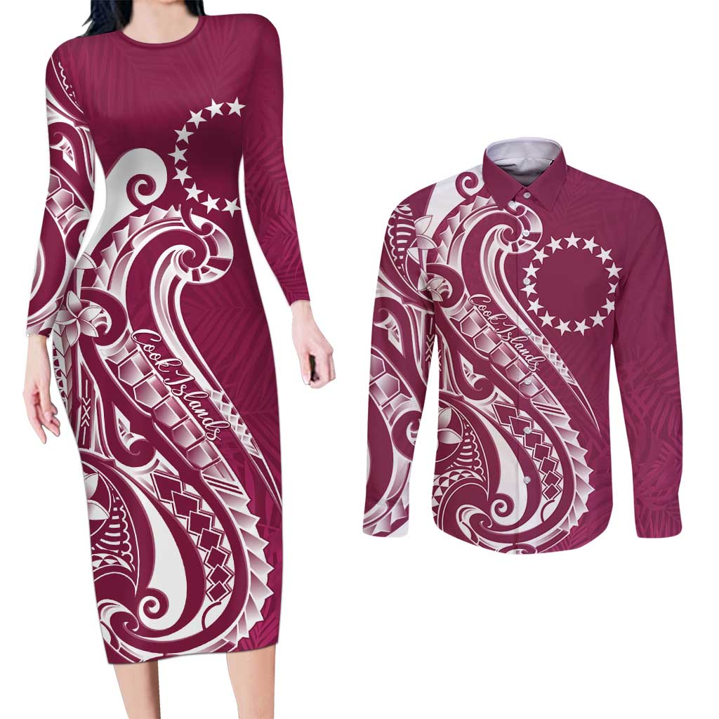 Kia Orana Cook Islands Couples Matching Long Sleeve Bodycon Dress and Long Sleeve Button Shirt Maroon Plumeria Tropical Waves - Polynesian Pride