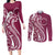 Kia Orana Cook Islands Couples Matching Long Sleeve Bodycon Dress and Long Sleeve Button Shirt Maroon Plumeria Tropical Waves - Polynesian Pride