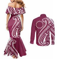 Kia Orana Cook Islands Couples Matching Mermaid Dress and Long Sleeve Button Shirt Maroon Plumeria Tropical Waves - Polynesian Pride