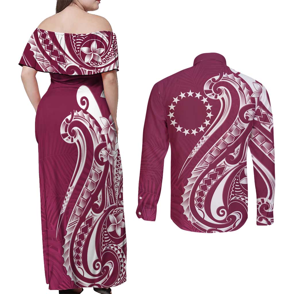 Kia Orana Cook Islands Couples Matching Off Shoulder Maxi Dress and Long Sleeve Button Shirt Maroon Plumeria Tropical Waves - Polynesian Pride