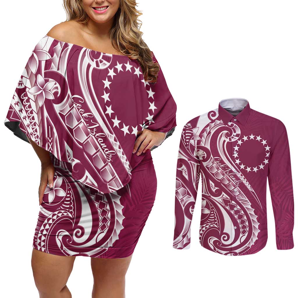 Kia Orana Cook Islands Couples Matching Off Shoulder Short Dress and Long Sleeve Button Shirt Maroon Plumeria Tropical Waves - Polynesian Pride