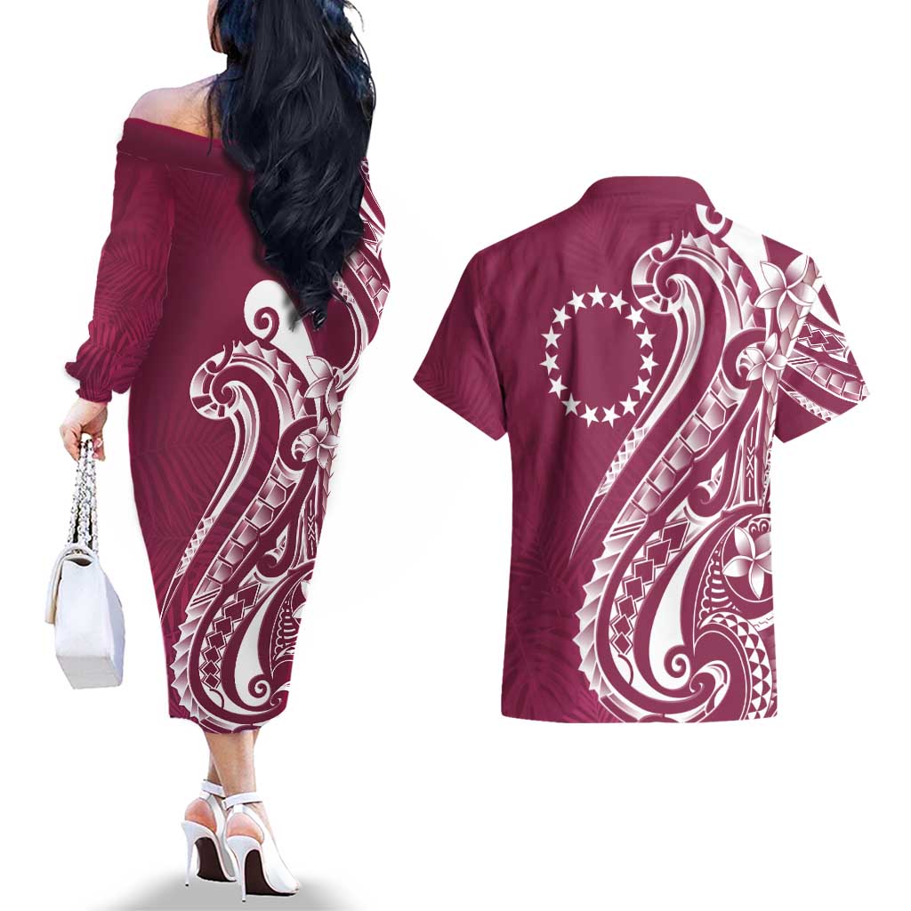 Kia Orana Cook Islands Couples Matching Off The Shoulder Long Sleeve Dress and Hawaiian Shirt Maroon Plumeria Tropical Waves - Polynesian Pride
