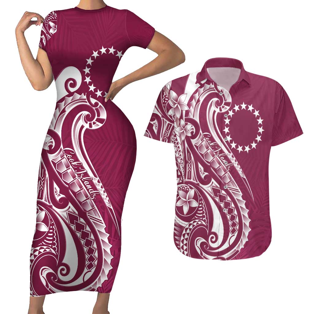 Kia Orana Cook Islands Couples Matching Short Sleeve Bodycon Dress and Hawaiian Shirt Maroon Plumeria Tropical Waves - Polynesian Pride