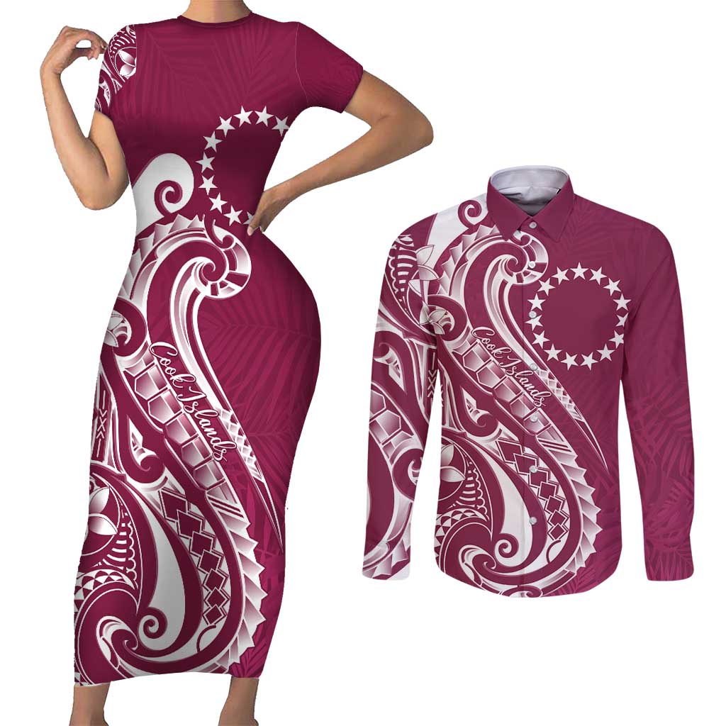 Kia Orana Cook Islands Couples Matching Short Sleeve Bodycon Dress and Long Sleeve Button Shirt Maroon Plumeria Tropical Waves - Polynesian Pride