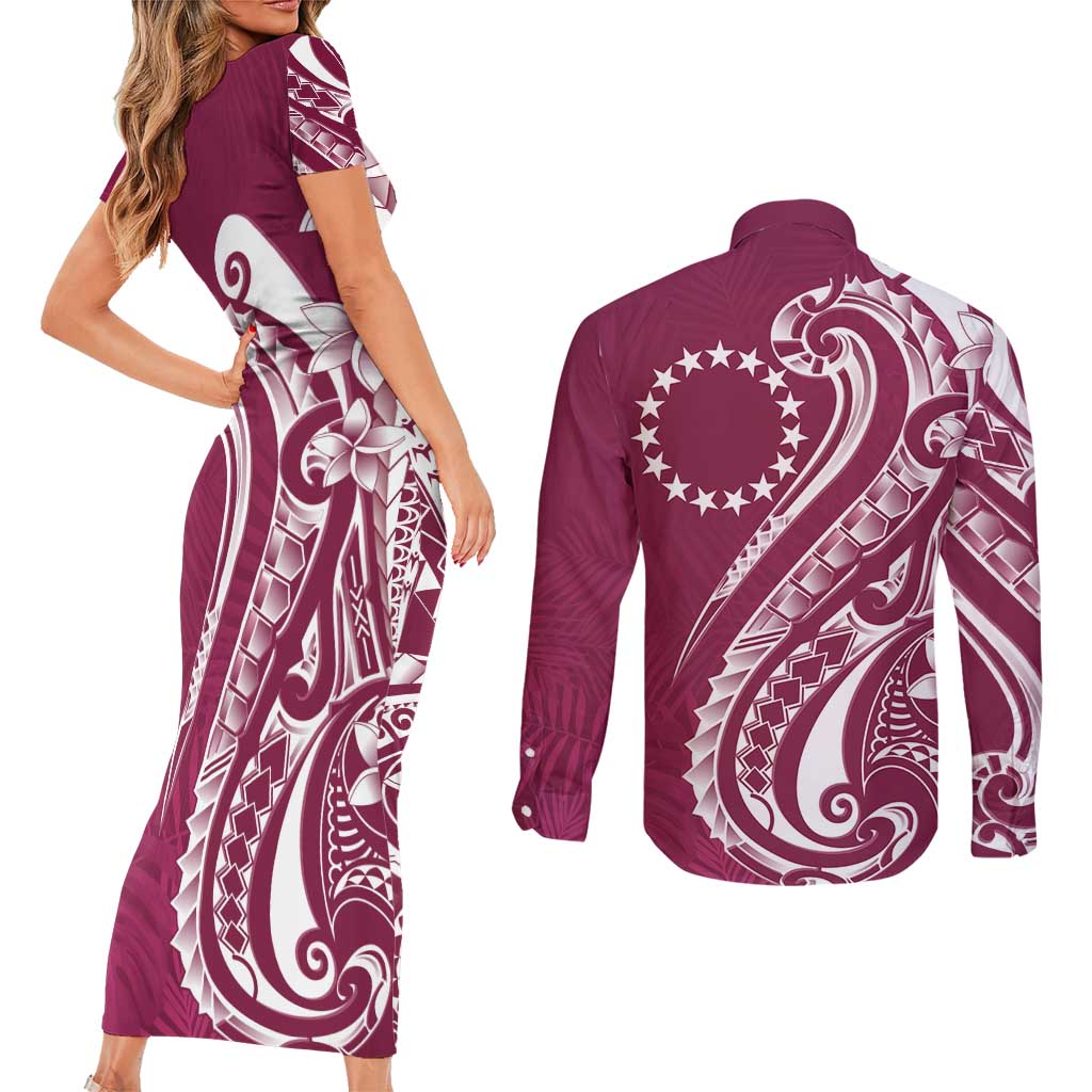 Kia Orana Cook Islands Couples Matching Short Sleeve Bodycon Dress and Long Sleeve Button Shirt Maroon Plumeria Tropical Waves - Polynesian Pride