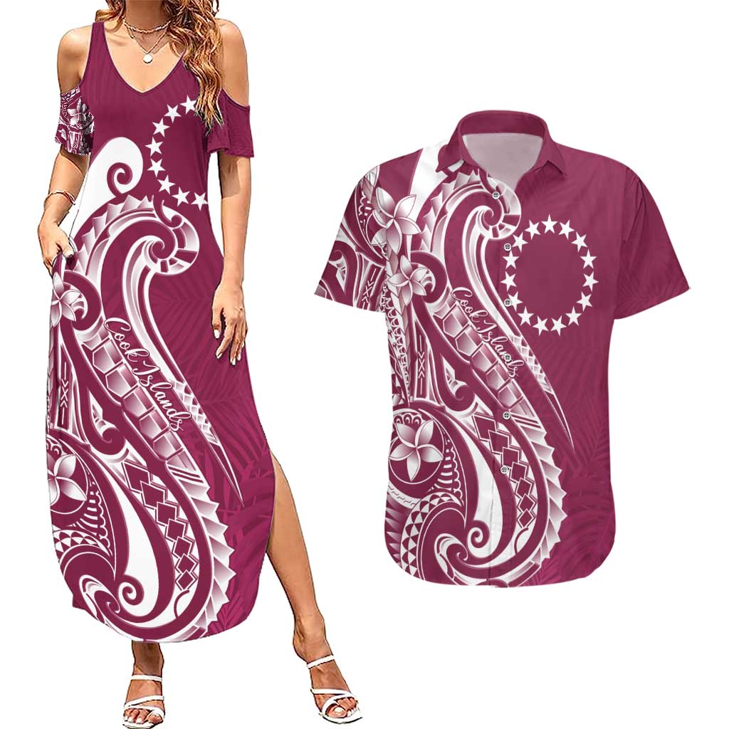 Kia Orana Cook Islands Couples Matching Summer Maxi Dress and Hawaiian Shirt Maroon Plumeria Tropical Waves - Polynesian Pride