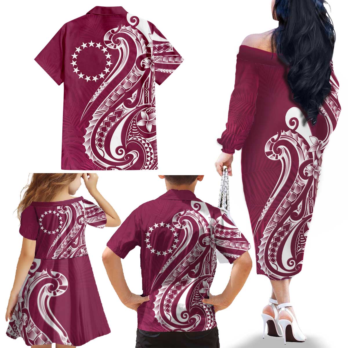 Kia Orana Cook Islands Family Matching Off The Shoulder Long Sleeve Dress and Hawaiian Shirt Maroon Plumeria Tropical Waves - Polynesian Pride