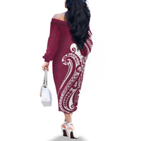 Kia Orana Cook Islands Family Matching Off The Shoulder Long Sleeve Dress and Hawaiian Shirt Maroon Plumeria Tropical Waves - Polynesian Pride