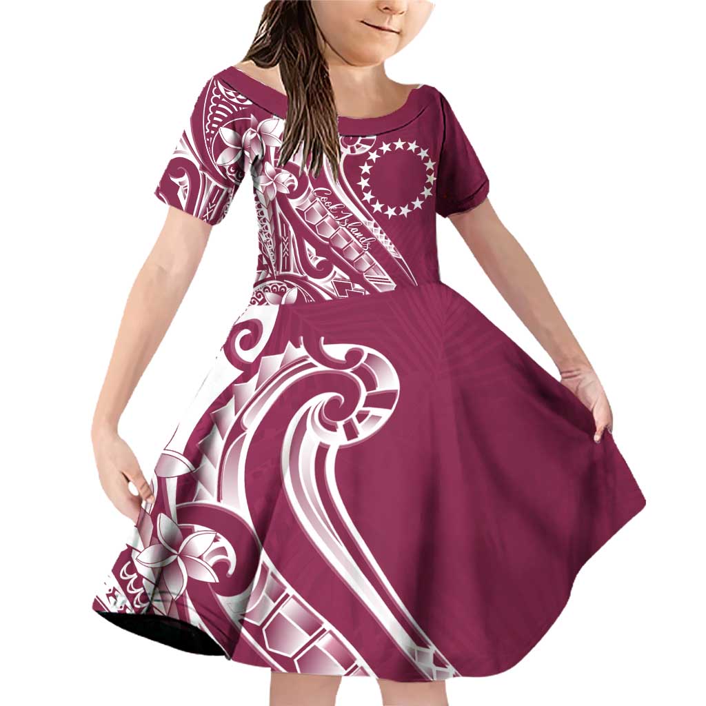 Kia Orana Cook Islands Family Matching Off Shoulder Short Dress and Hawaiian Shirt Maroon Plumeria Tropical Waves - Polynesian Pride