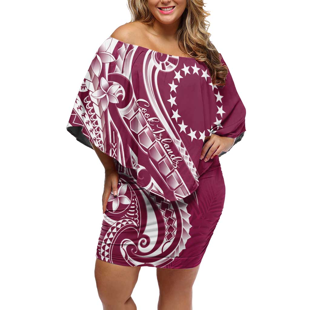 Kia Orana Cook Islands Family Matching Off Shoulder Short Dress and Hawaiian Shirt Maroon Plumeria Tropical Waves - Polynesian Pride