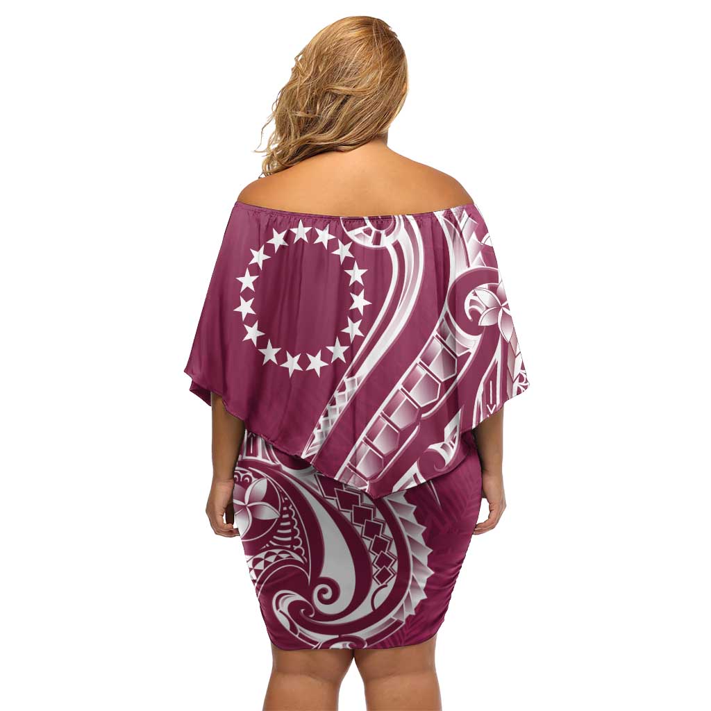 Kia Orana Cook Islands Family Matching Off Shoulder Short Dress and Hawaiian Shirt Maroon Plumeria Tropical Waves - Polynesian Pride