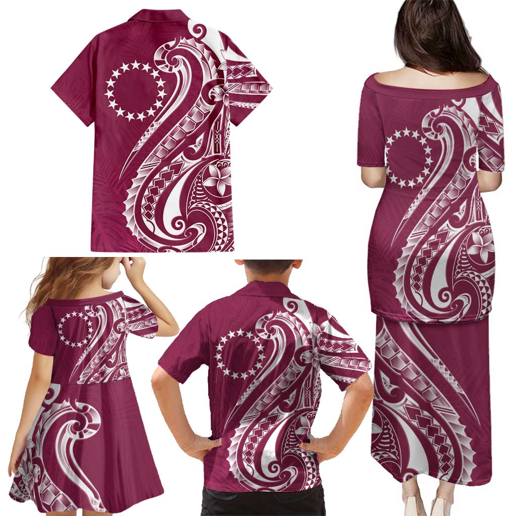 Kia Orana Cook Islands Family Matching Puletasi and Hawaiian Shirt Maroon Plumeria Tropical Waves - Polynesian Pride