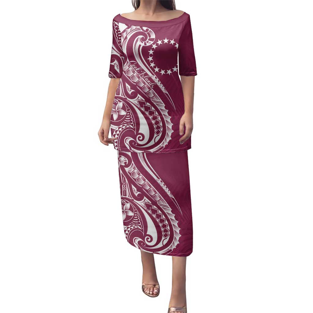 Kia Orana Cook Islands Family Matching Puletasi and Hawaiian Shirt Maroon Plumeria Tropical Waves - Polynesian Pride