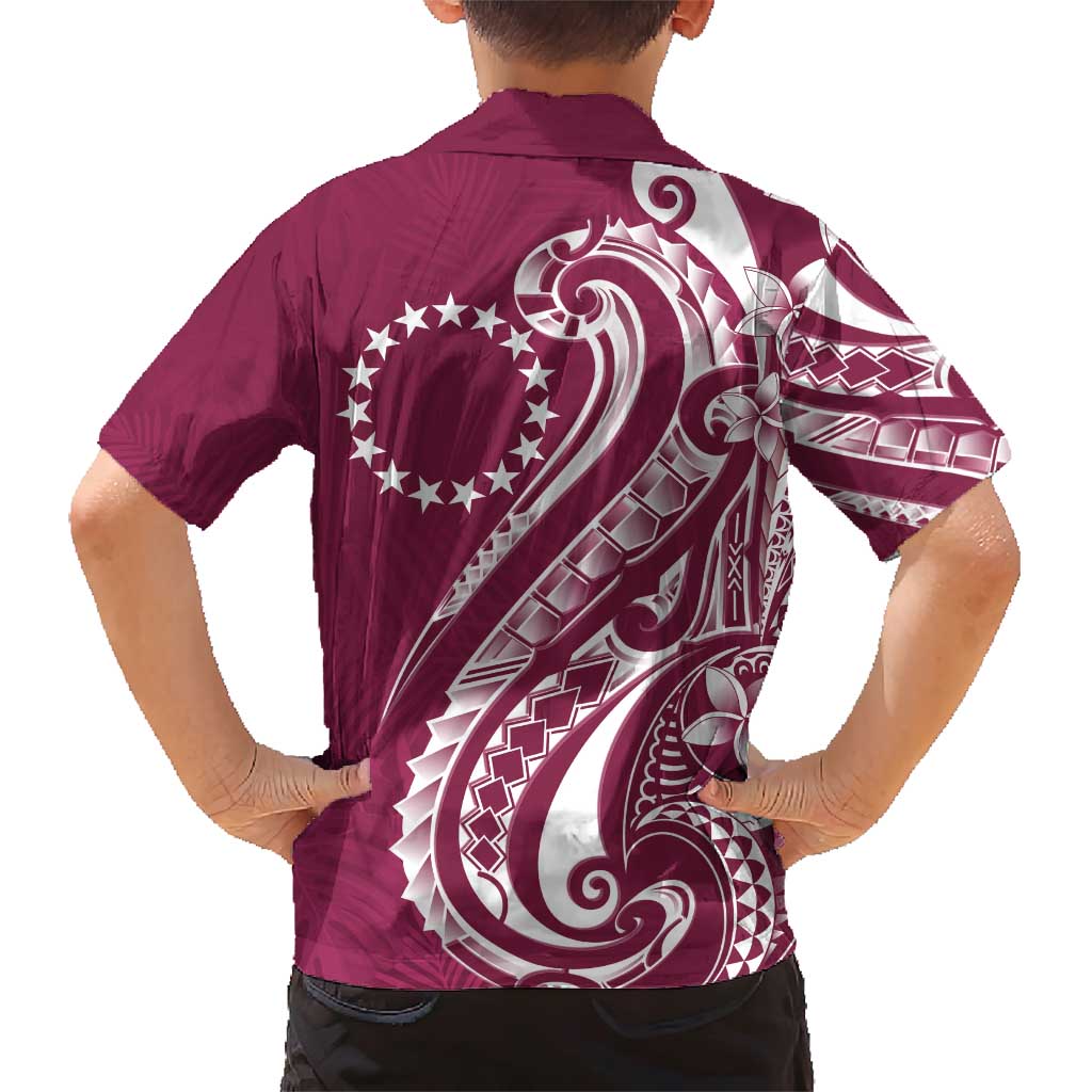 Kia Orana Cook Islands Family Matching Short Sleeve Bodycon Dress and Hawaiian Shirt Maroon Plumeria Tropical Waves - Polynesian Pride