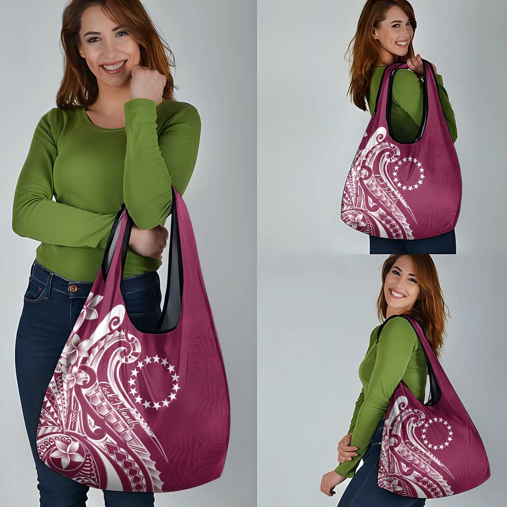Kia Orana Cook Islands Grocery Bag Maroon Plumeria Tropical Waves - Polynesian Pride