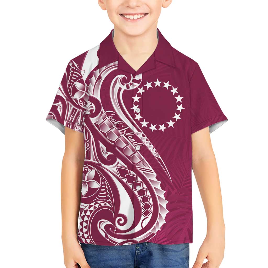 Kia Orana Cook Islands Kid Hawaiian Shirt Maroon Plumeria Tropical Waves - Polynesian Pride