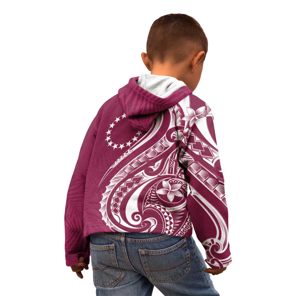 Kia Orana Cook Islands Kid Hoodie Maroon Plumeria Tropical Waves - Polynesian Pride