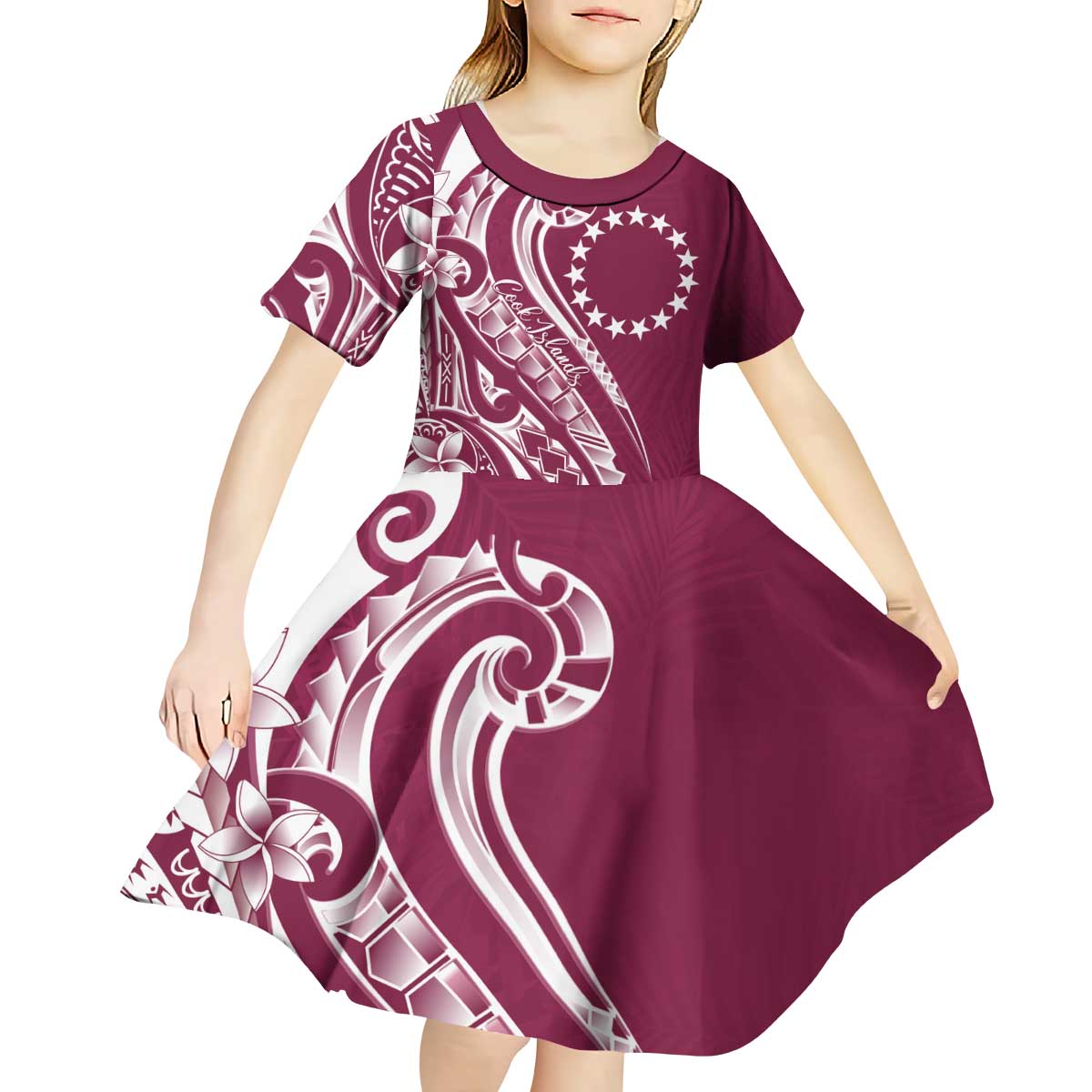 Kia Orana Cook Islands Kid Short Sleeve Dress Maroon Plumeria Tropical Waves - Polynesian Pride