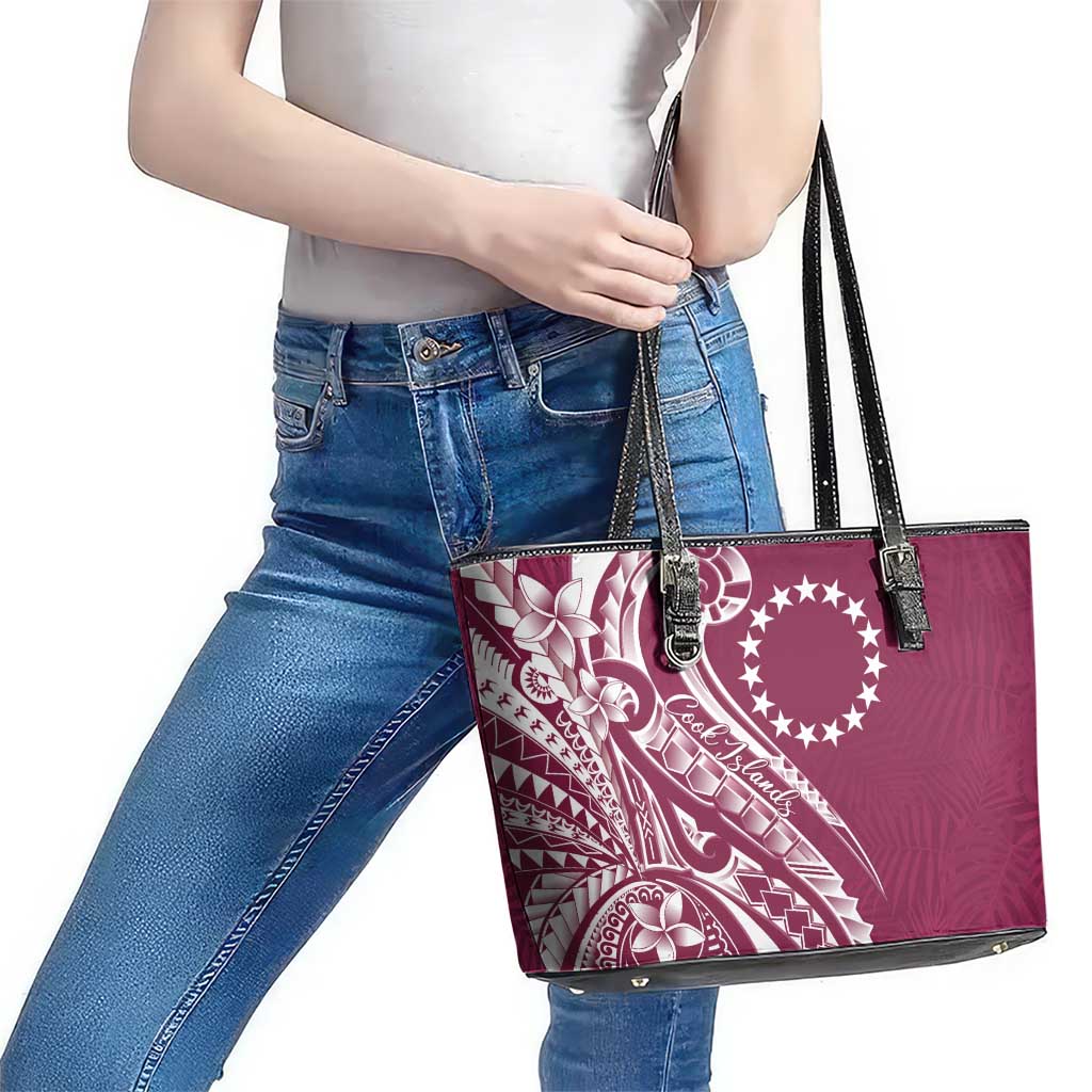 Kia Orana Cook Islands Leather Tote Bag Maroon Plumeria Tropical Waves - Polynesian Pride