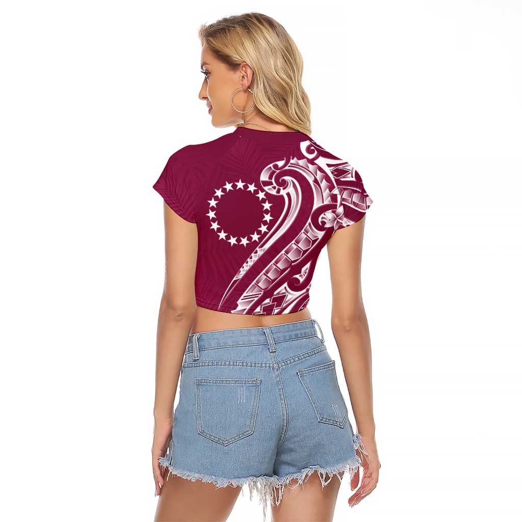 Kia Orana Cook Islands Raglan Cropped T Shirt Maroon Plumeria Tropical Waves - Polynesian Pride