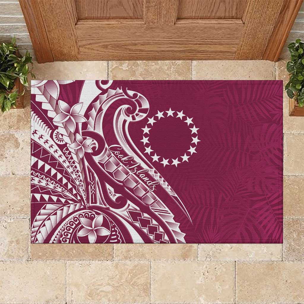 Kia Orana Cook Islands Rubber Doormat Maroon Plumeria Tropical Waves - Polynesian Pride