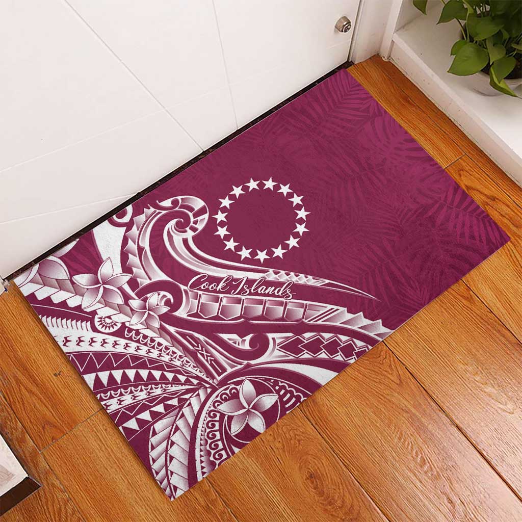 Kia Orana Cook Islands Rubber Doormat Maroon Plumeria Tropical Waves - Polynesian Pride