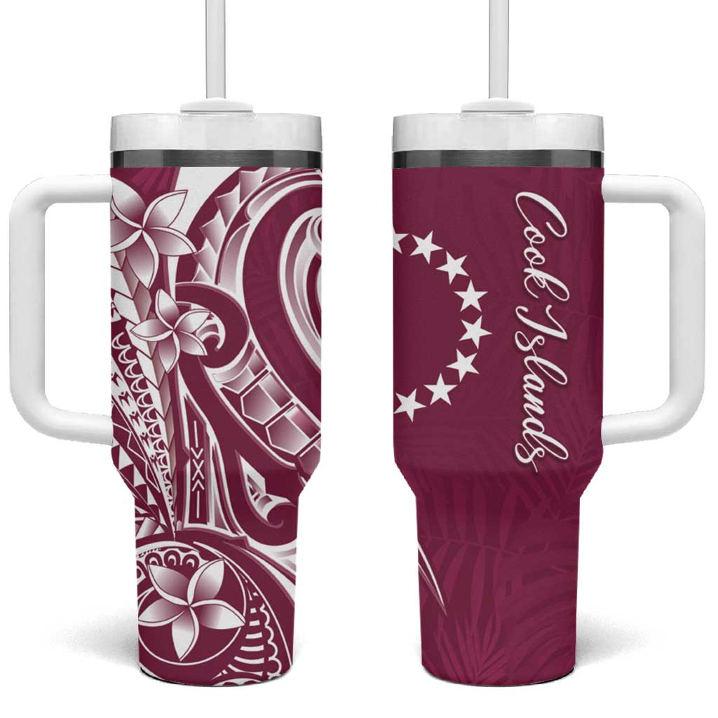 Kia Orana Cook Islands Tumbler With Handle Maroon Plumeria Tropical Waves - Polynesian Pride