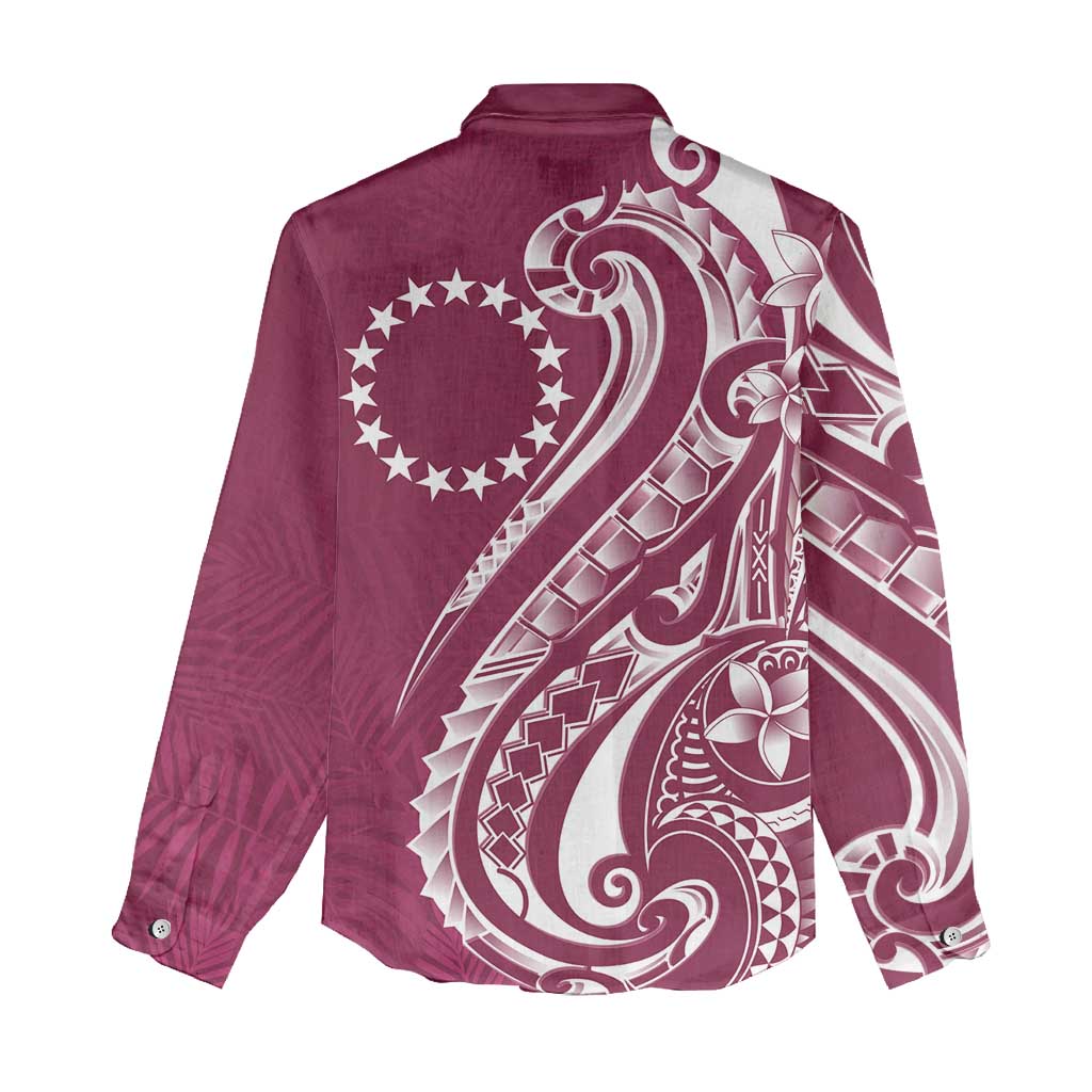 Kia Orana Cook Islands Women Casual Shirt Maroon Plumeria Tropical Waves - Polynesian Pride