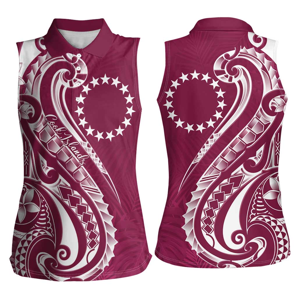 Kia Orana Cook Islands Women Sleeveless Polo Shirt Maroon Plumeria Tropical Waves - Polynesian Pride