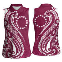 Kia Orana Cook Islands Women Sleeveless Polo Shirt Maroon Plumeria Tropical Waves - Polynesian Pride