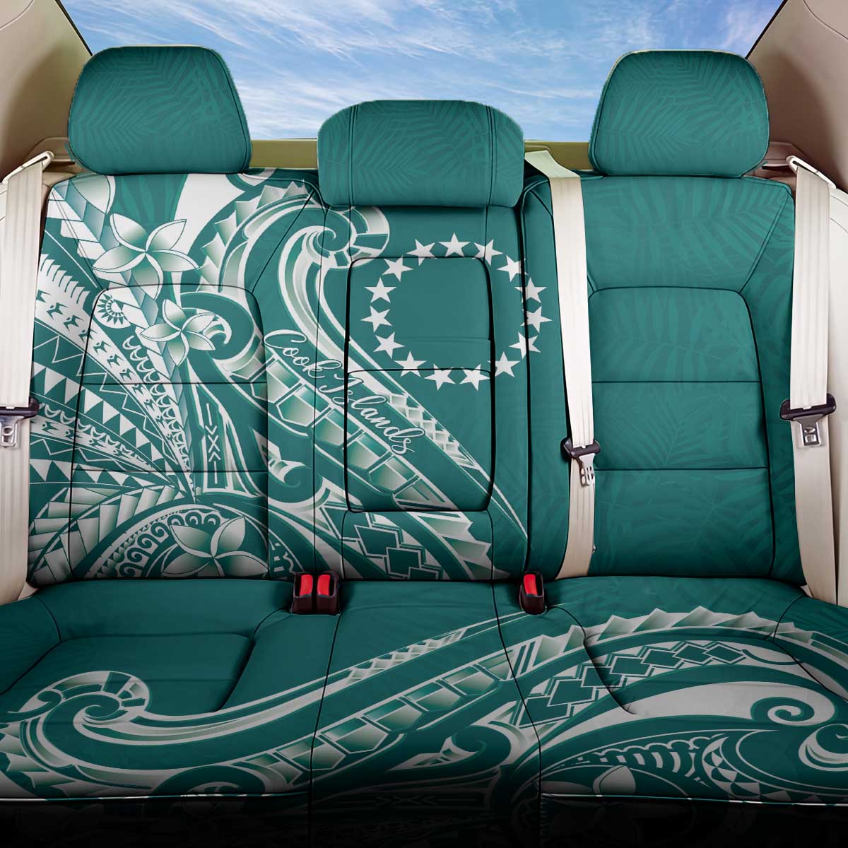 Kia Orana Cook Islands Back Car Seat Cover Teal Plumeria Tropical Waves - Polynesian Pride