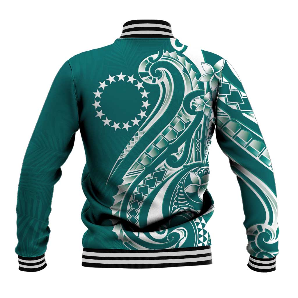 Kia Orana Cook Islands Baseball Jacket Teal Plumeria Tropical Waves - Polynesian Pride