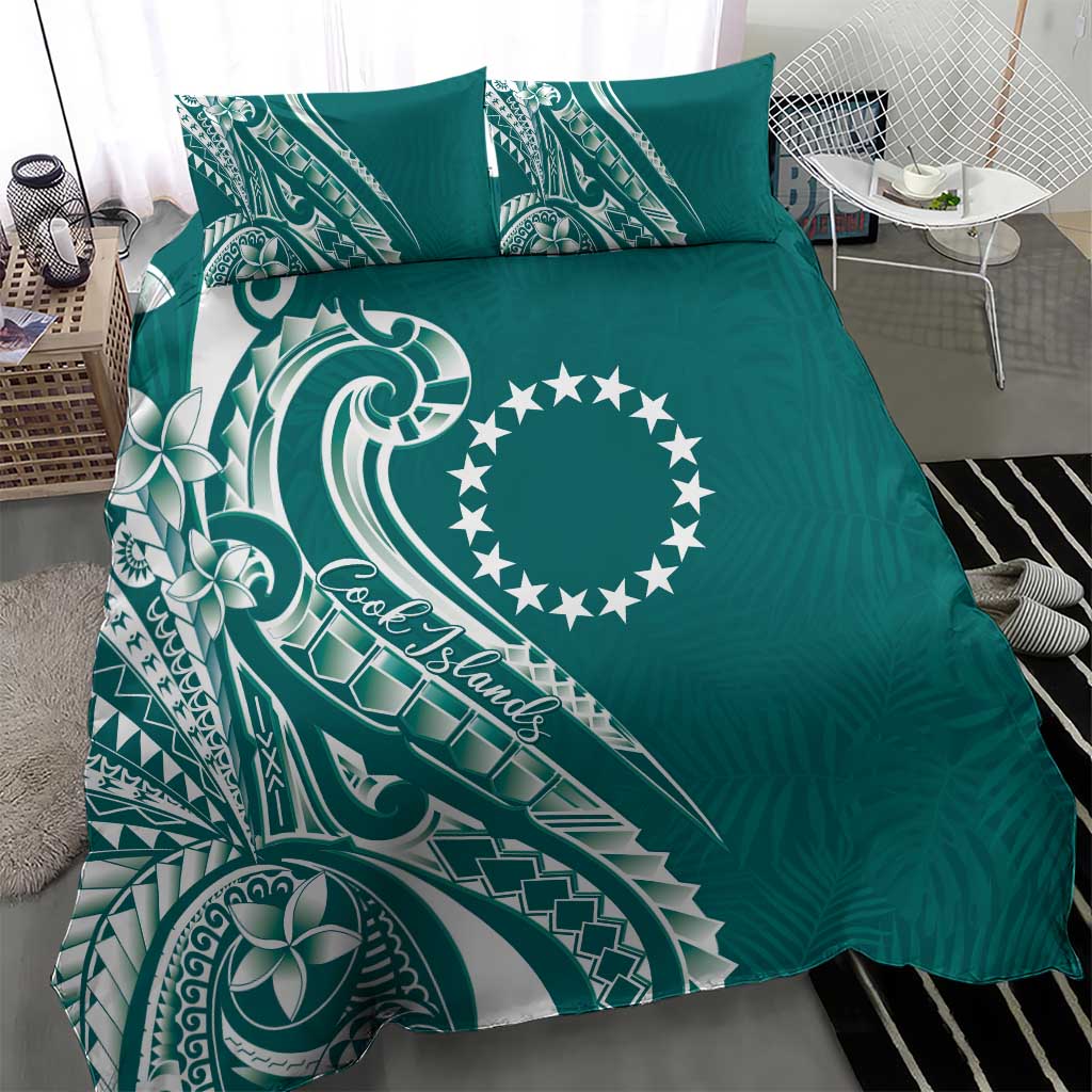 Kia Orana Cook Islands Bedding Set Teal Plumeria Tropical Waves - Polynesian Pride