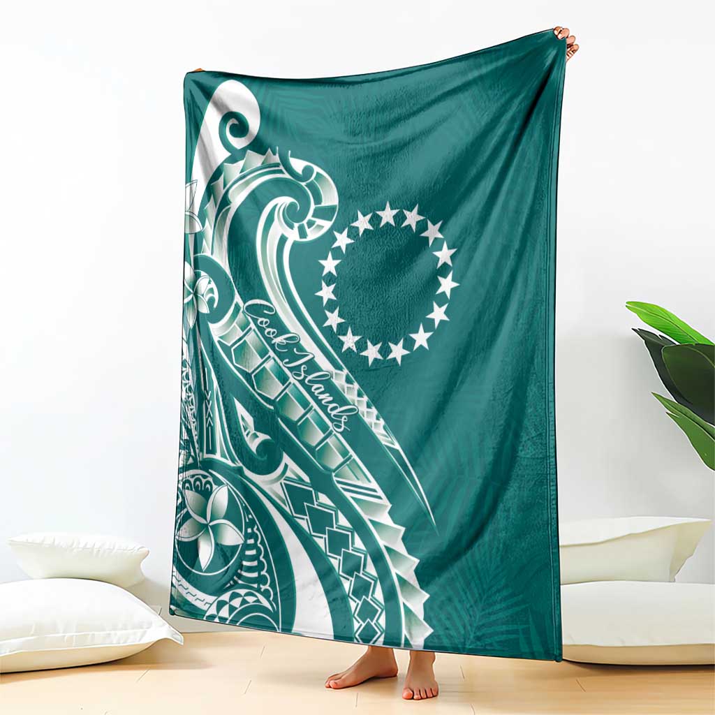 Kia Orana Cook Islands Blanket Teal Plumeria Tropical Waves - Polynesian Pride