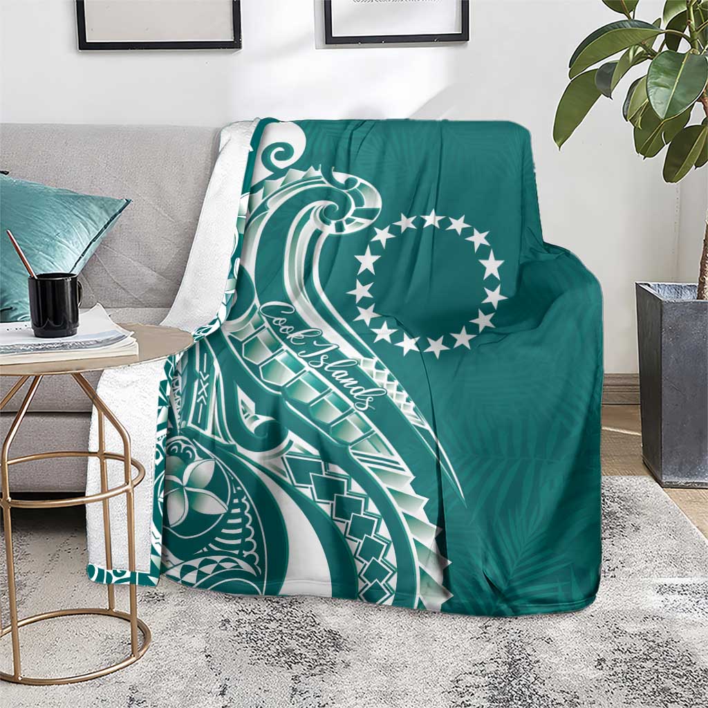 Kia Orana Cook Islands Blanket Teal Plumeria Tropical Waves - Polynesian Pride