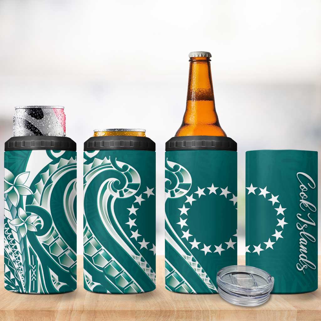 Kia Orana Cook Islands 4 in 1 Can Cooler Tumbler Teal Plumeria Tropical Waves - Polynesian Pride