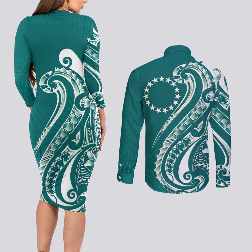 Kia Orana Cook Islands Couples Matching Long Sleeve Bodycon Dress and Long Sleeve Button Shirt Teal Plumeria Tropical Waves - Polynesian Pride