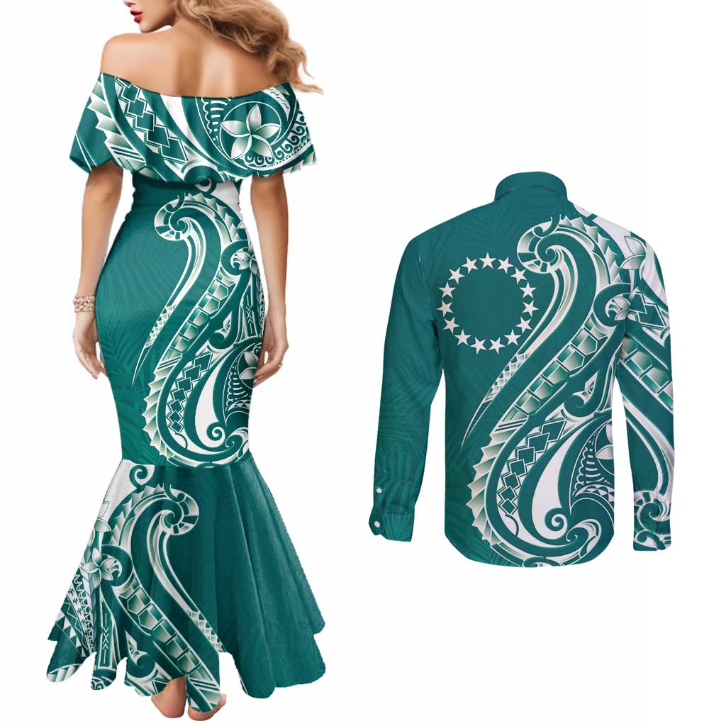 Kia Orana Cook Islands Couples Matching Mermaid Dress and Long Sleeve Button Shirt Teal Plumeria Tropical Waves - Polynesian Pride