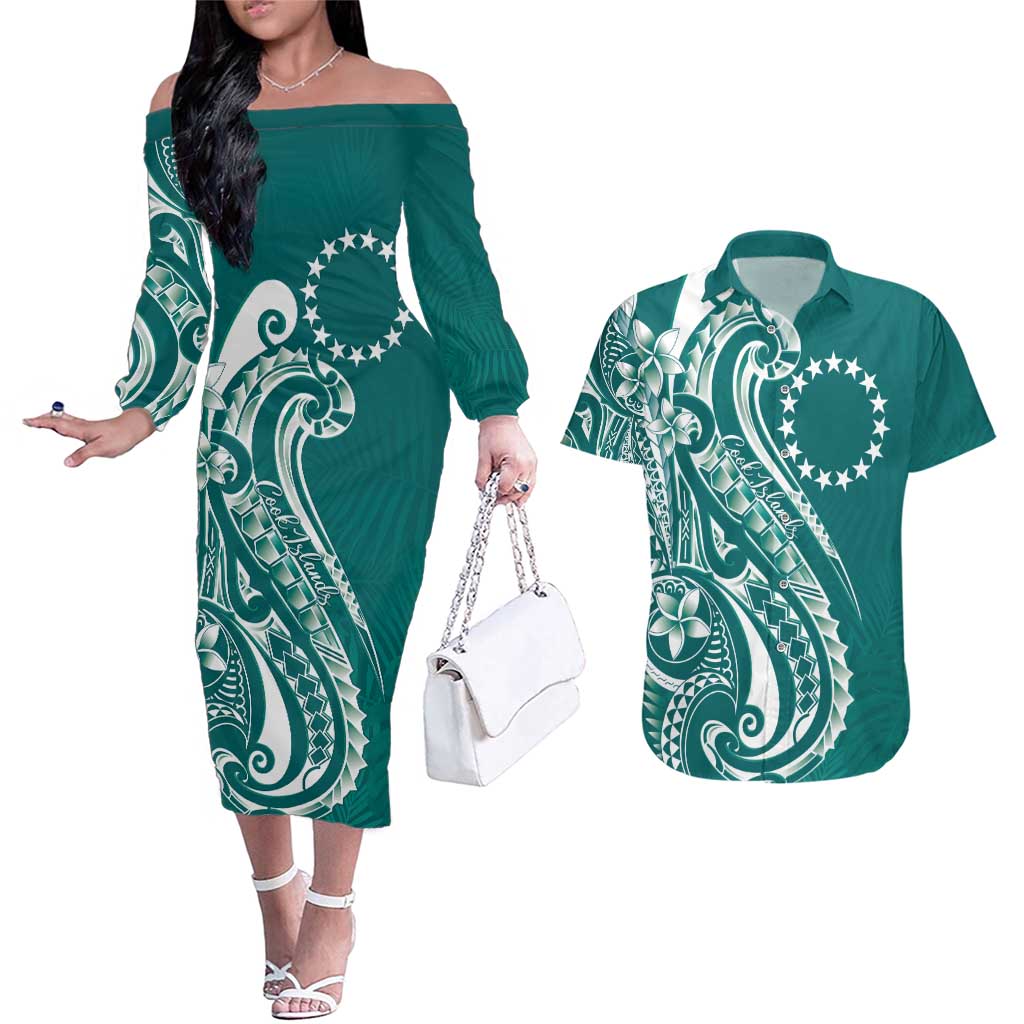 Kia Orana Cook Islands Couples Matching Off The Shoulder Long Sleeve Dress and Hawaiian Shirt Teal Plumeria Tropical Waves - Polynesian Pride