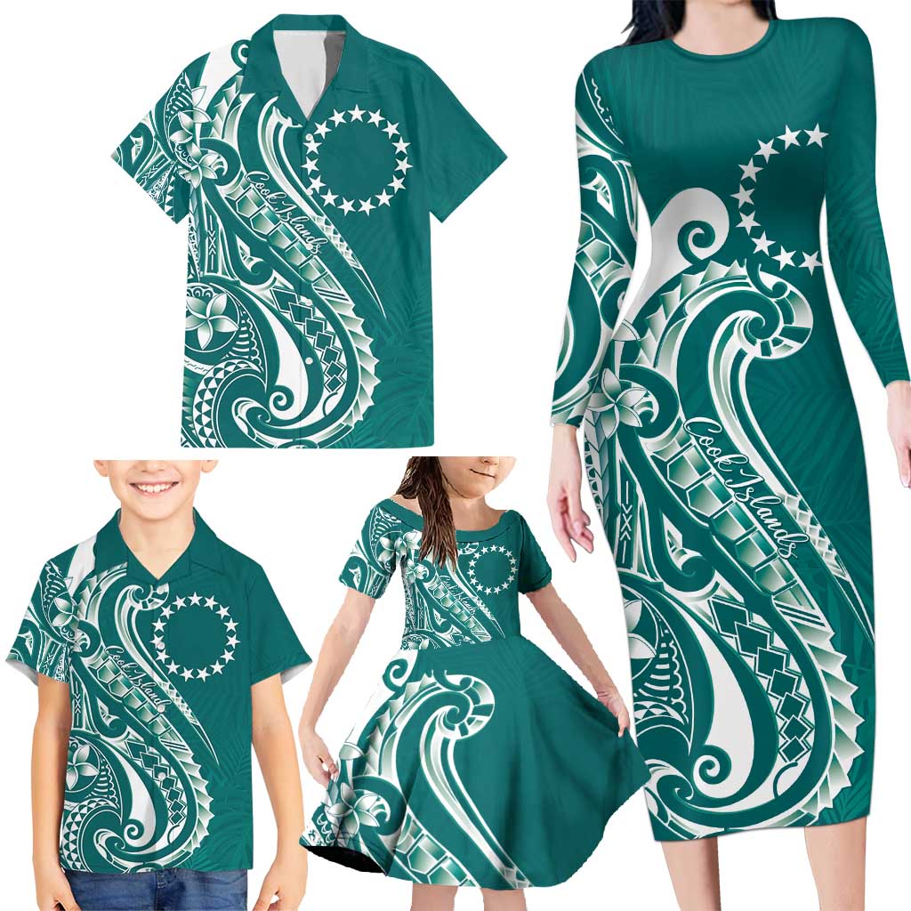 Kia Orana Cook Islands Family Matching Long Sleeve Bodycon Dress and Hawaiian Shirt Teal Plumeria Tropical Waves - Polynesian Pride