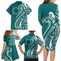 Kia Orana Cook Islands Family Matching Long Sleeve Bodycon Dress and Hawaiian Shirt Teal Plumeria Tropical Waves - Polynesian Pride