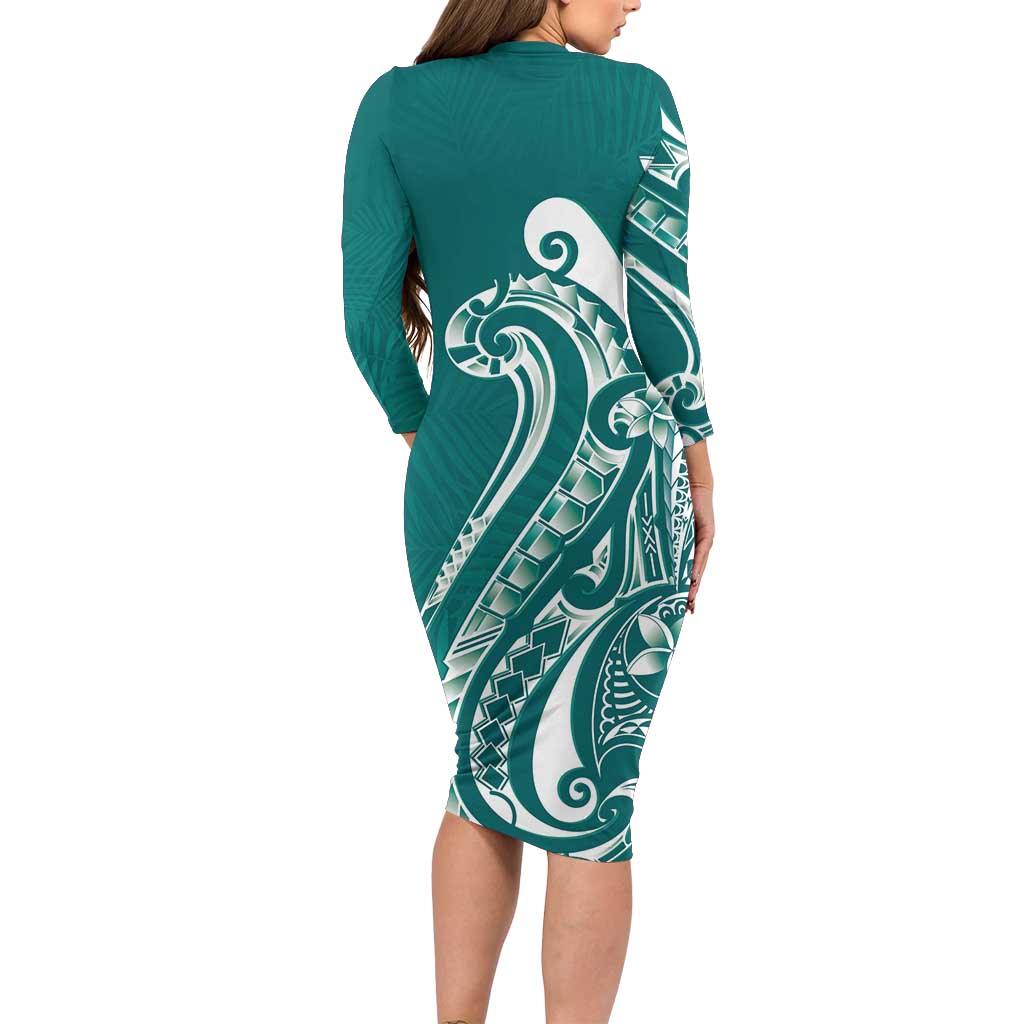 Kia Orana Cook Islands Family Matching Long Sleeve Bodycon Dress and Hawaiian Shirt Teal Plumeria Tropical Waves - Polynesian Pride